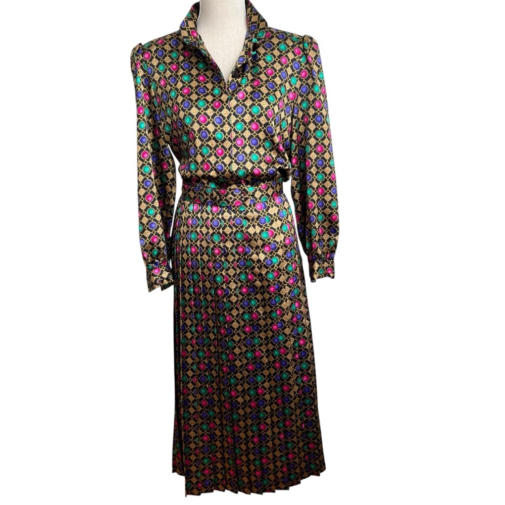 Vintage Pleated Medallion Print Jewel Tones Dress Size 8 - Picture 14 of 15